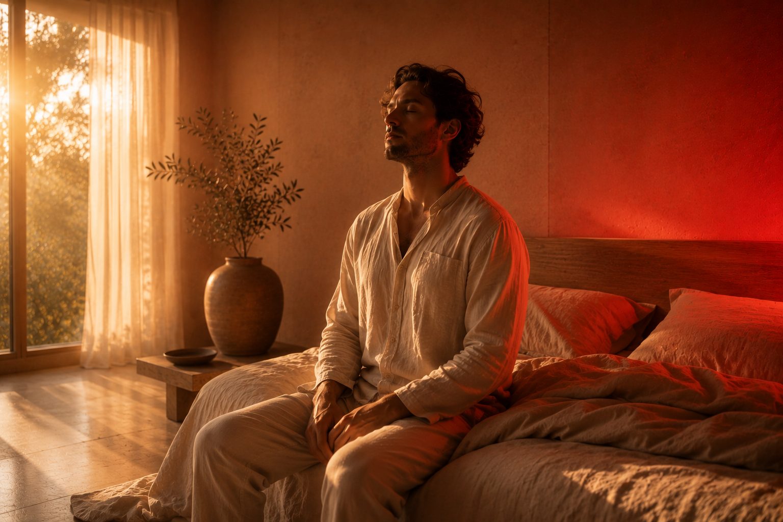 Woman sitting by a sunlit window in a calm bedroom