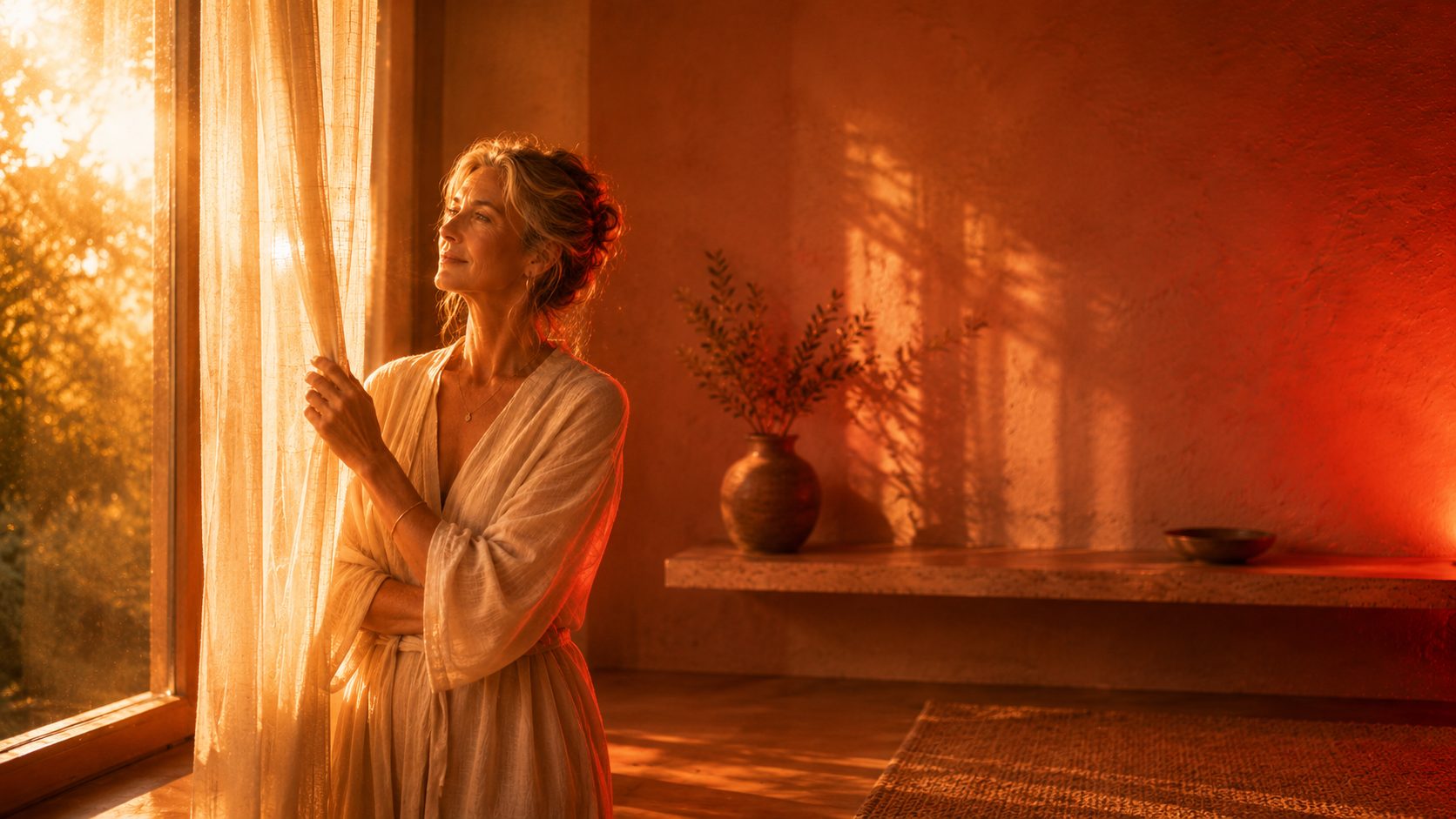 Woman standing in warm morning light beside a window, with the soft red glow of a Solrise panel nearby