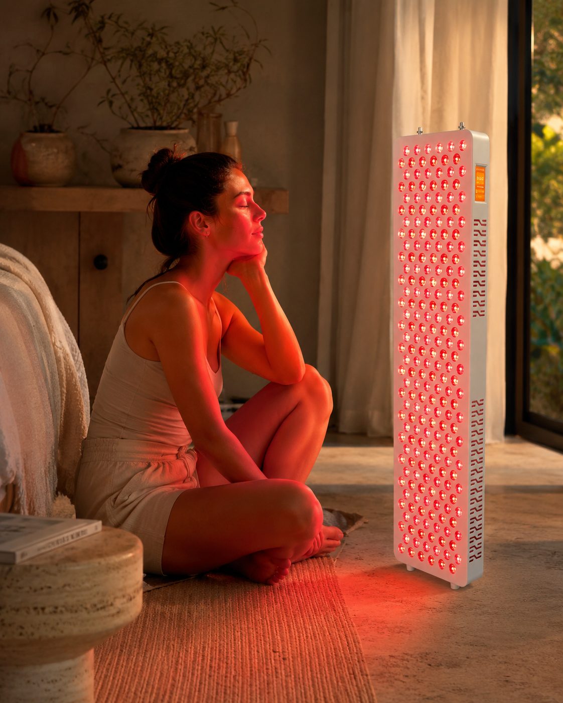 Solrise red light therapy panel in use in a warm, softly lit bedroom