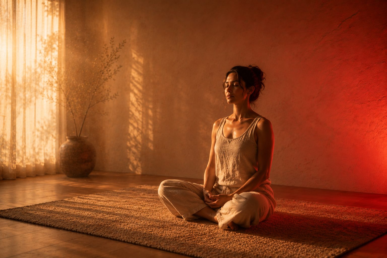 Woman meditating in soft evening light