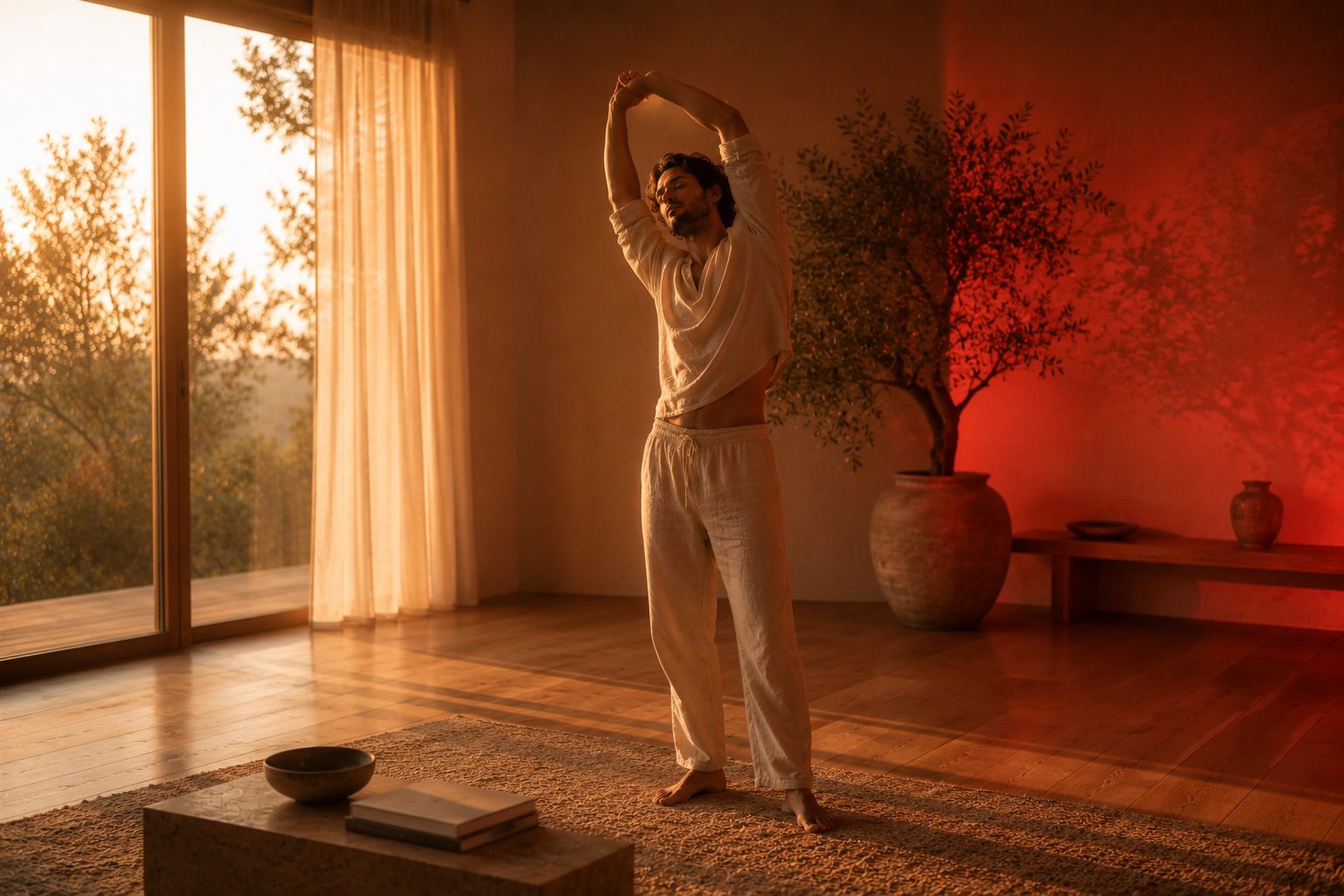 Man stretching in warm morning sunlight