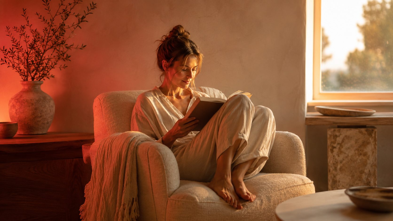 Woman reading in a warm, sunlit living room with a soft red glow in the background
